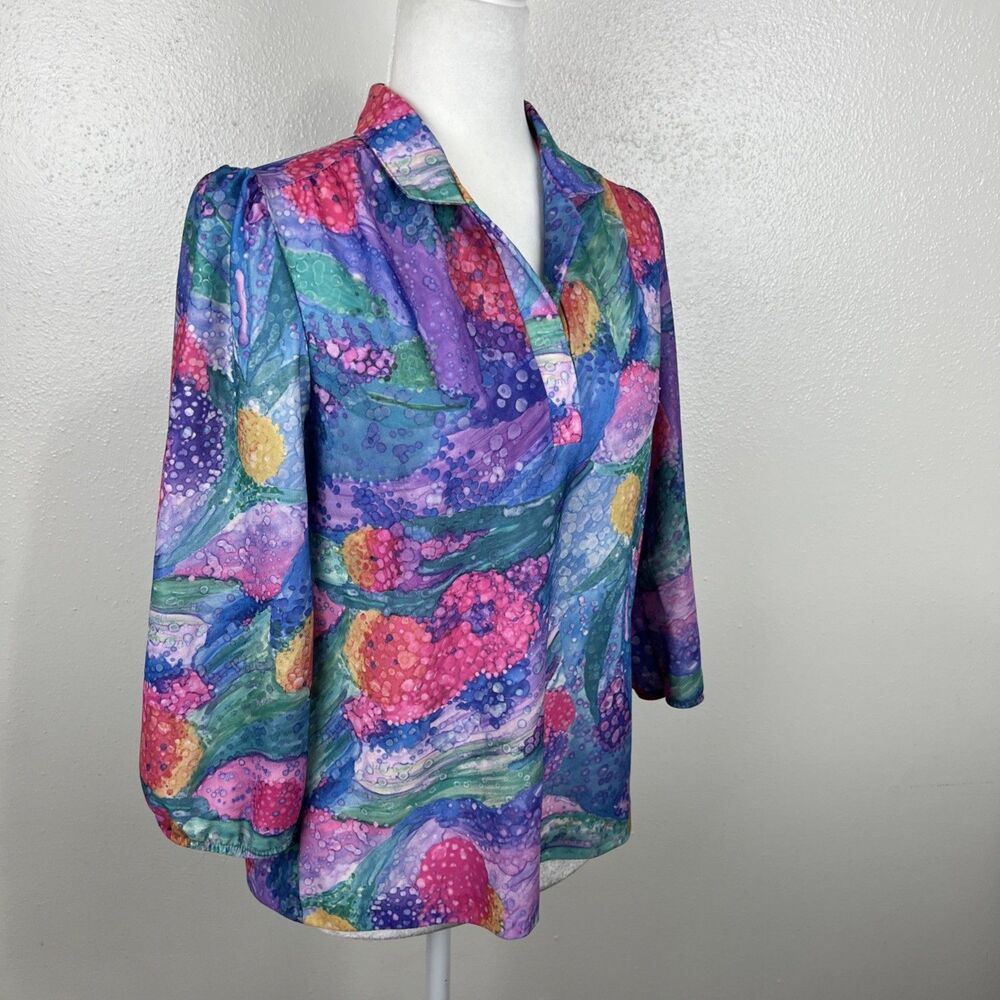 Vintage Devon 70s Blouse Women Medium Neon Purple Green 3/4 Sleeve Union Made - Picture 4 of 14